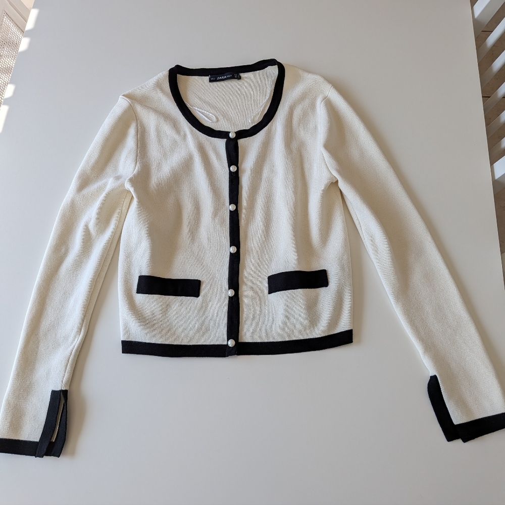 Zara Knit Cream Black Contrast Pearl Button Cardigan Sweater Medium - Picture 4 of 11
